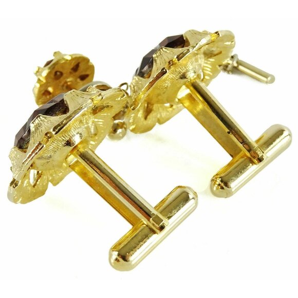 Cufflinks Set with Tie Tack Pin Round Floral Design Brown Faux Topaz Stone - Picture 3 of 4